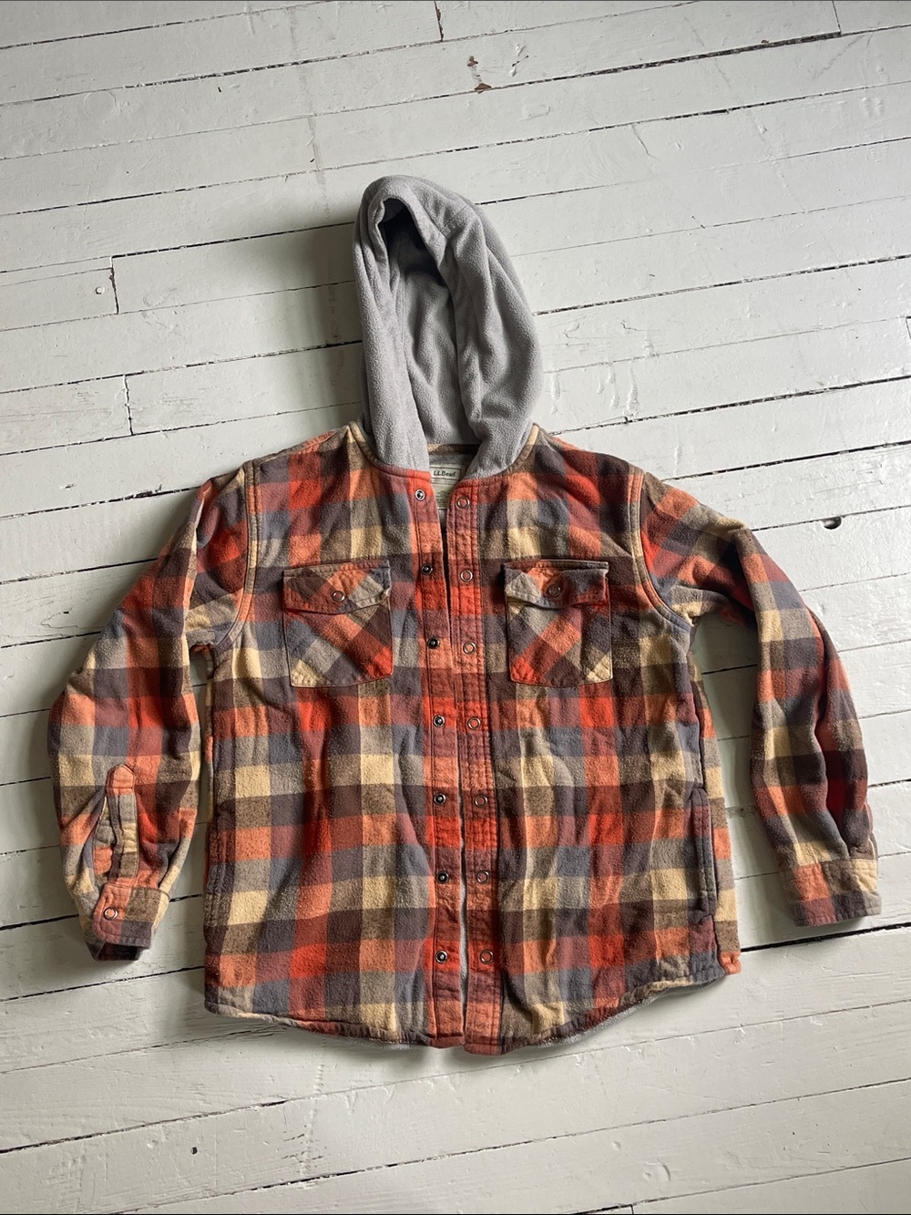 Kids L.L. Bean Cozy Plaid Hooded Flannel Jacket, Orange/Gray Checks